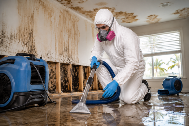 A technician in a white hazmat suit and mask uses a blue floor dryer to remediate mold behind a damaged wall.