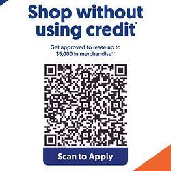 Advertisement: Scan QR code to apply for a lease up to $5,000 for merchandise. Text reads 