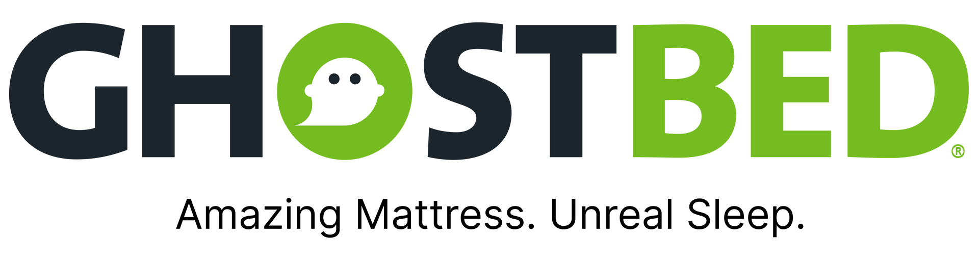 GhostBed logo. Text: "GHOSTBED" with a ghost in an O. Slogan: "Amazing Mattress. Unreal Sleep."