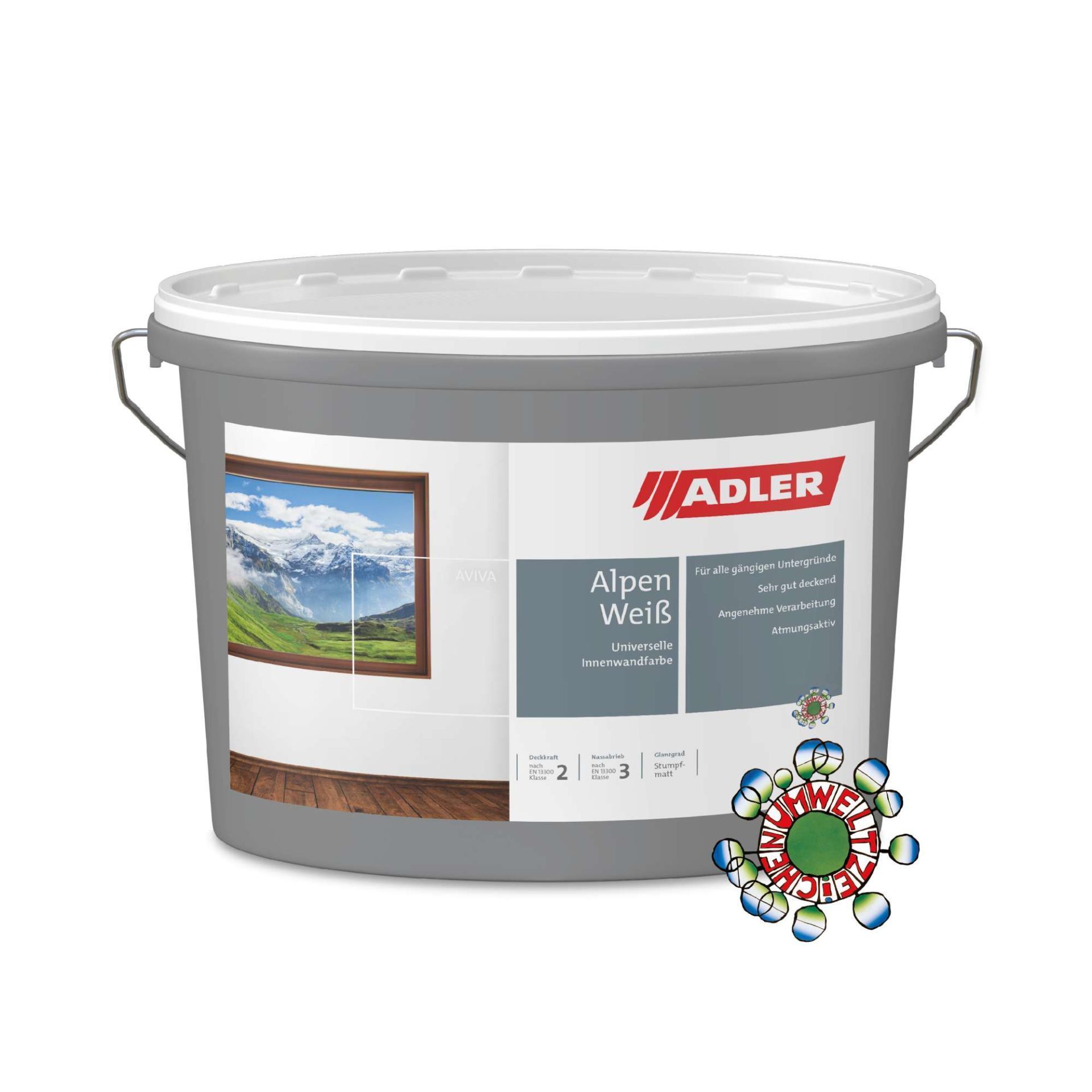 Grauer Farbeimer mit der Aufschrift „Adler Alpen Weide“ und Landschaftsbild auf der Vorderseite