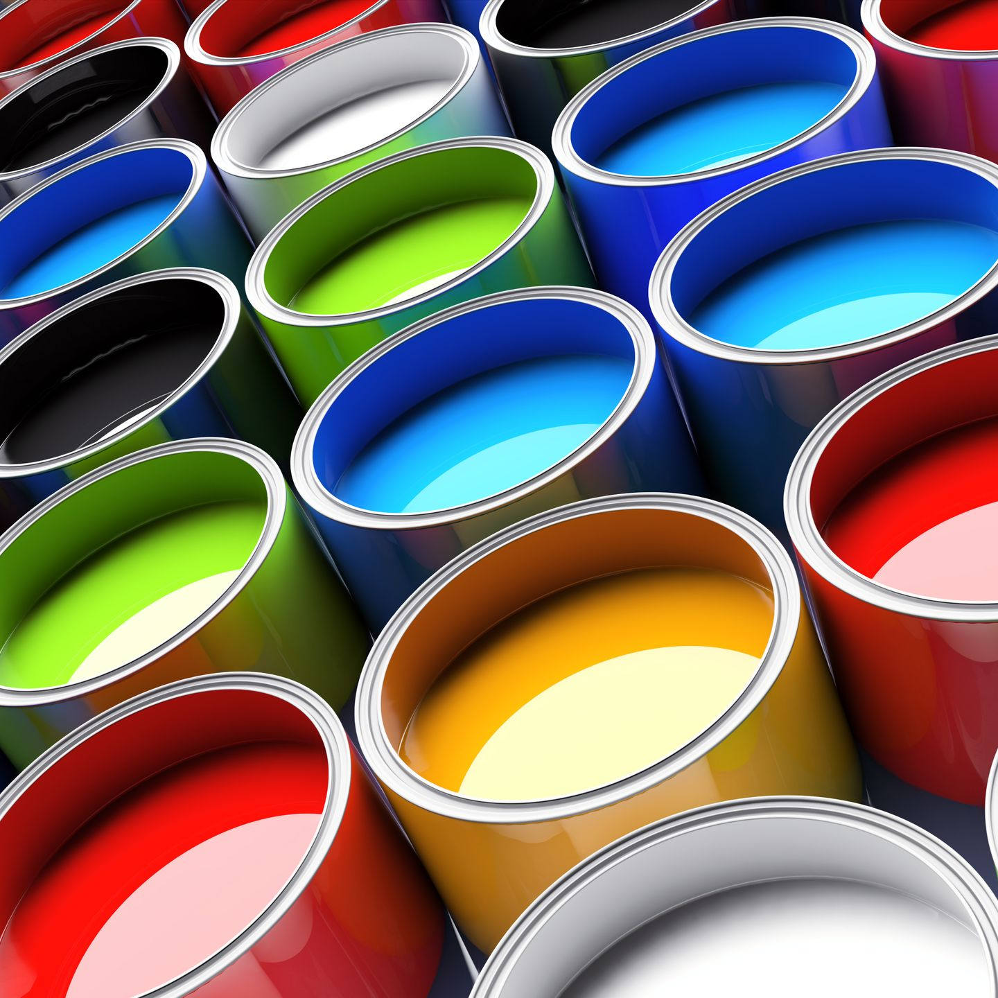 Reihen offener Farbdosen in leuchtendem Blau, Grün, Gelb, Rot und Weiß