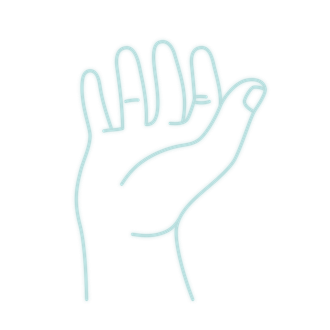 Strichzeichnung einer offenen Hand mit hellblauer Umrandung, Handfläche nach oben