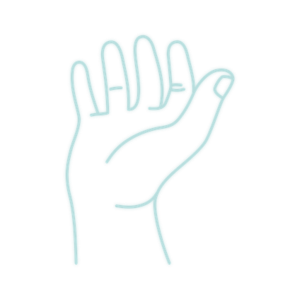 Strichzeichnung einer offenen Hand mit hellblauer Umrandung, Handfläche nach oben