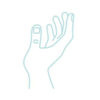 Hellblaue Umrisszeichnung einer offenen Hand mit erhobenem Daumen und gekrümmten Fingern.