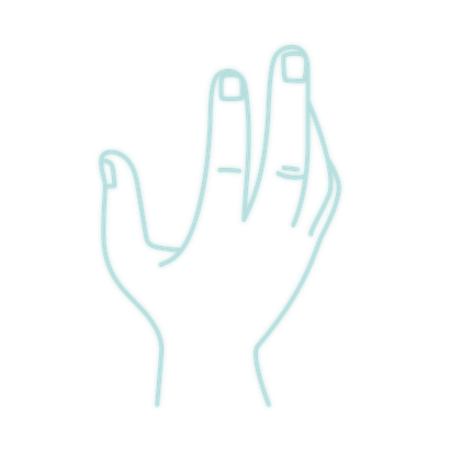 Strichzeichnung einer erhobenen Hand mit zwei ausgestreckten Fingern und türkisfarbenem Umriss