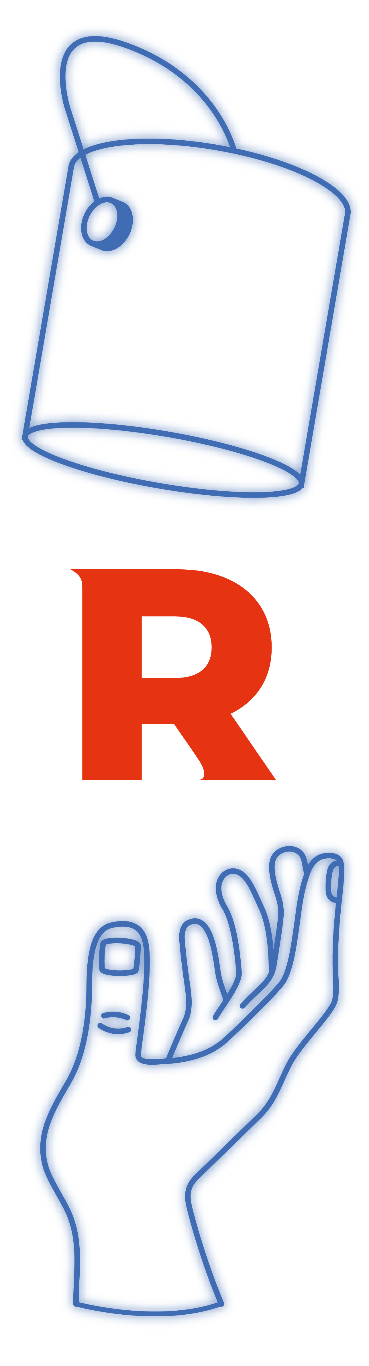 Blauer Eimer, roter Buchstabe R und blaues Handsymbol sind vertikal auf weißem Hintergrund angeordnet.