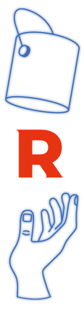 Über einem roten R befindet sich ein blaues Eimer-Symbol, darunter eine blaue Hand, die ein OK-Zeichen macht.
