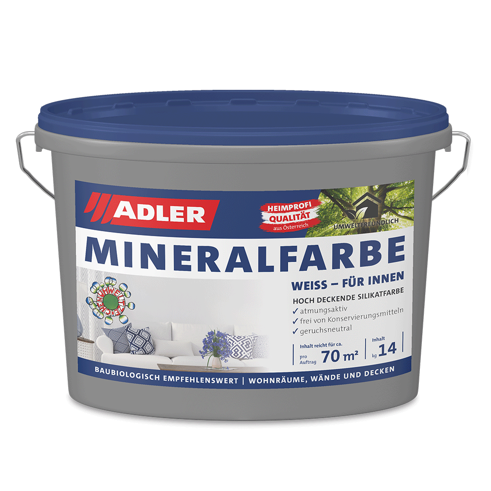 Weißer Farbeimer mit blauem Deckel und der Aufschrift „ADLER MINERALFARBE“ mit weißer Grundierung für den Innenbereich