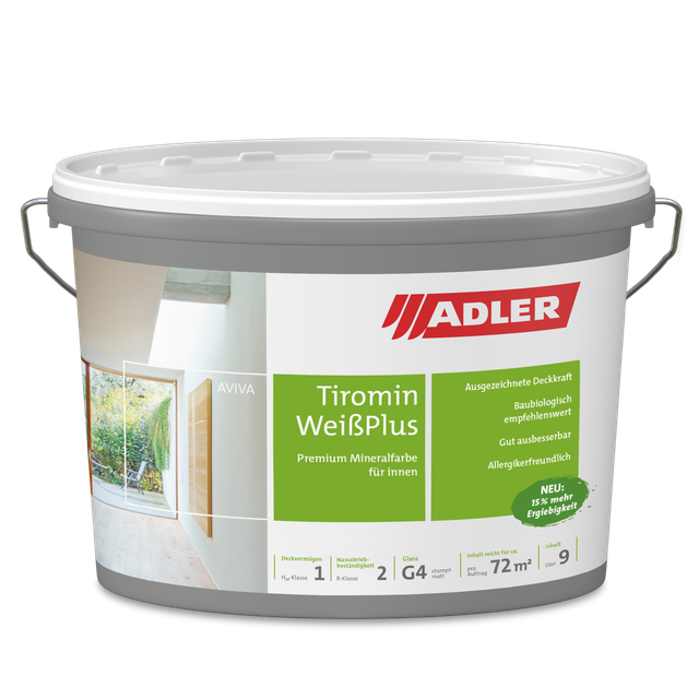 Weißer Eimer mit Adler Tifomin WeiBPlus Premium-Beschichtung, grünem Etikett und grauem Deckel