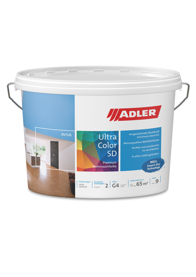 Weißer Eimer Adler Ultra Color SD-Farbe mit blauem Etikett und Tragegriff