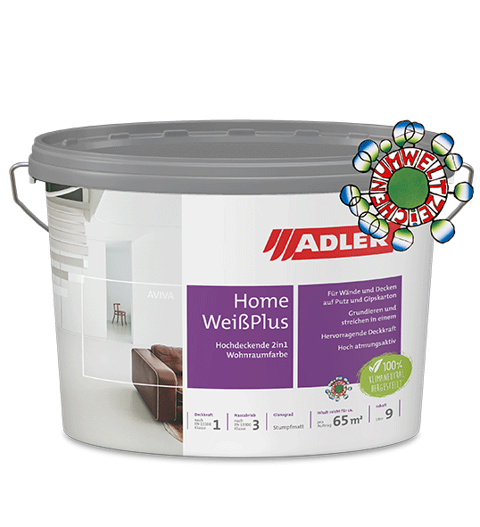 Weißer Farbeimer mit der Aufschrift „Adler Home WeißPlus“ und einem bunten Wäschekreis-Symbol