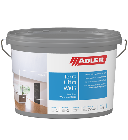 Grauer Adler Terra Ultra Weiß Farbeimer mit blauem Etikett und Metallgriff auf weißem Hintergrund