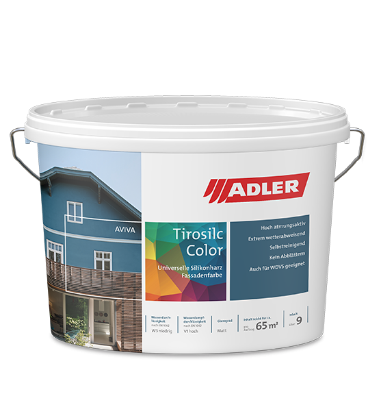 Adler Tirosilc Farbeimer mit weißem Deckel und Hausfassadenetikett, in blaugrüner Verpackung