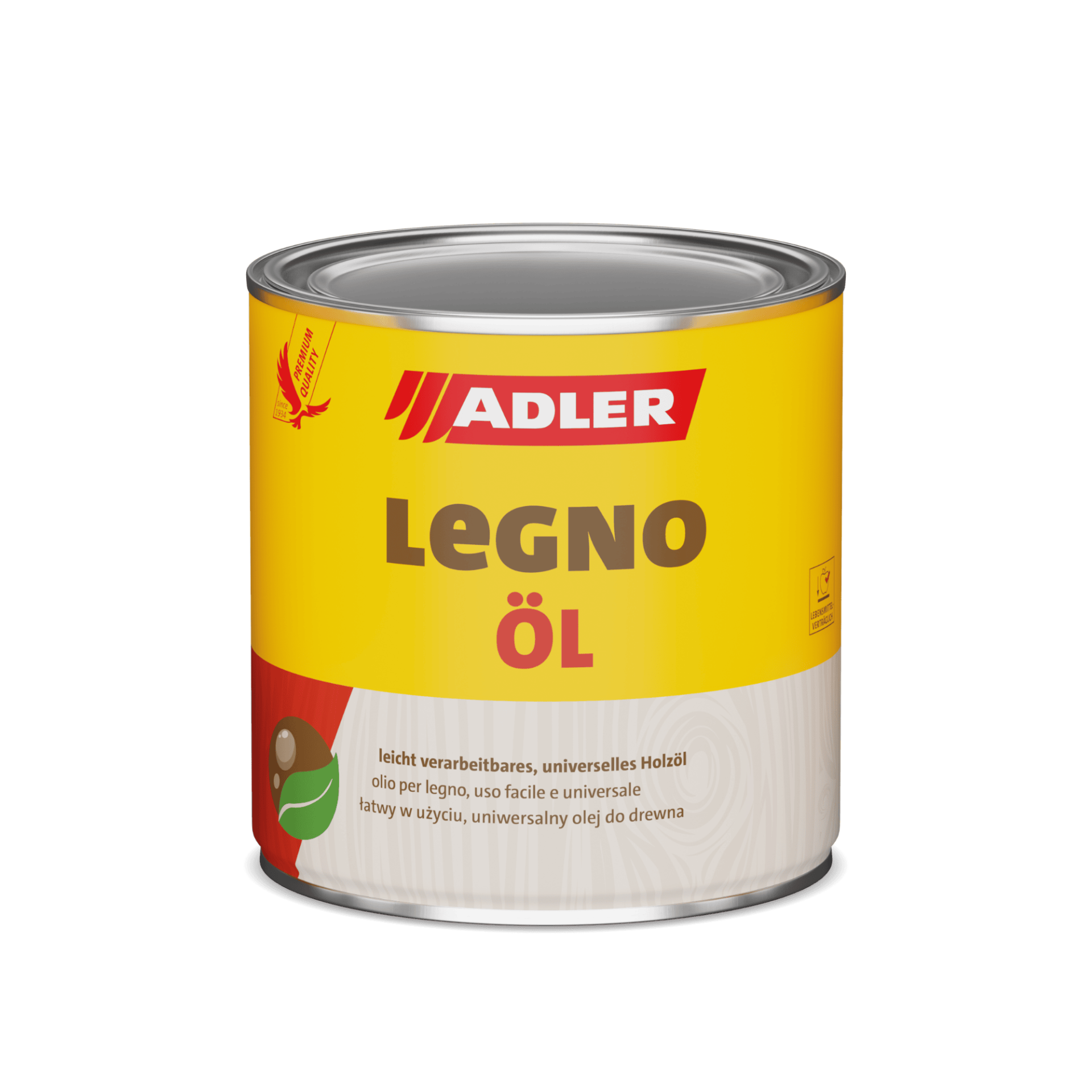 ADLER Legno Öl Holzfinish-Dose mit gelbem Etikett und silbernem Deckel