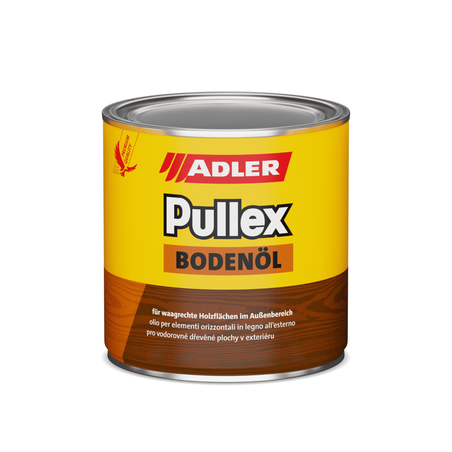 Gelbe und braune ADLER Pullex Bodenöl-Dose mit silbernem Deckel