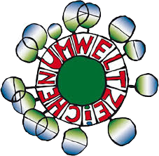 Kreisförmiges Logo mit rotem Text um ein grünes Zentrum, umgeben von blau-weißen Kugeln und schwarzen Linien