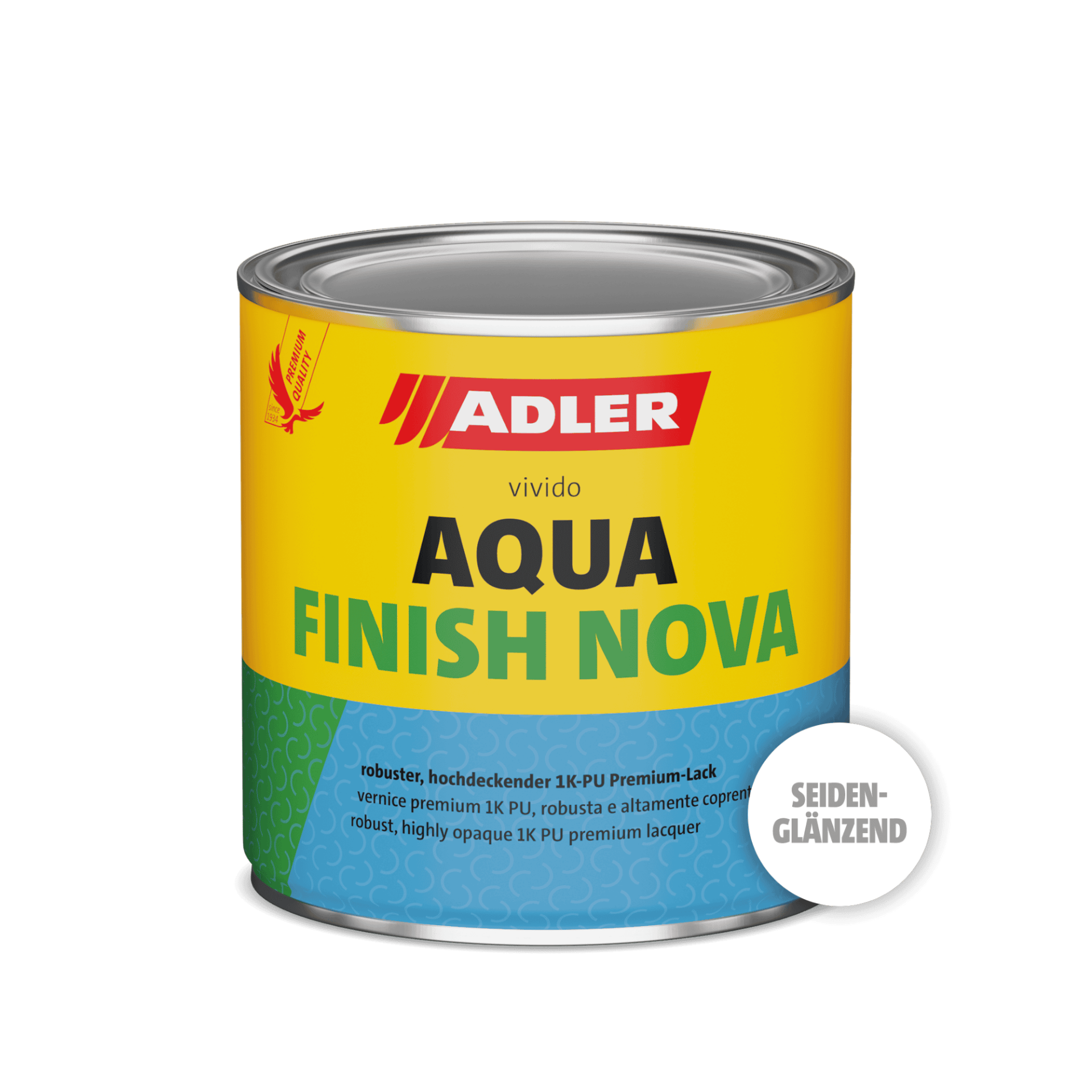 Dose Adler Aqua Finish Nova, gelbes und blaues Etikett mit silbernem Deckel