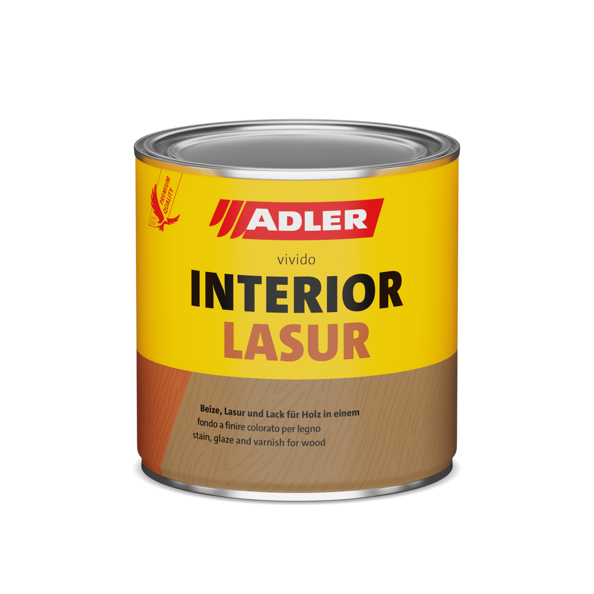 Dose Adler Vido Interior Lasur Holzbeize, gelbes und braunes Etikett
