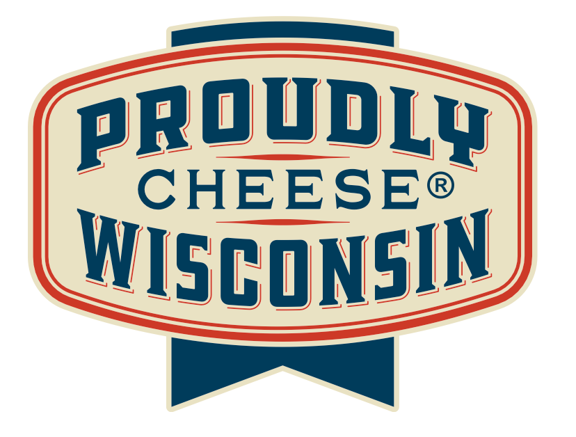 A logo for proudly cheese wisconsin with a blue ribbon
