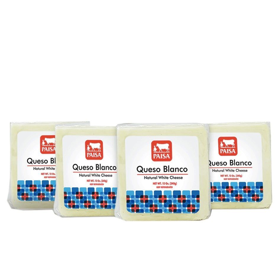 Four packages of queso blanco cheese are stacked on top of each other on a white background.