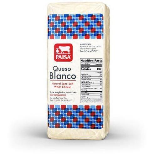 A block of queso blanco cheese with a nutrition facts label on it.