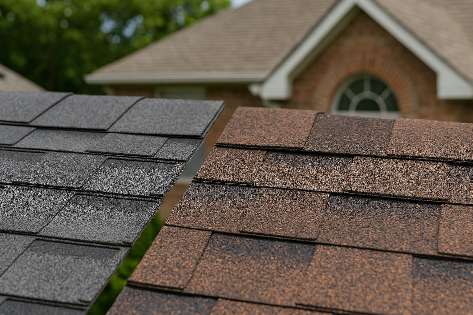 Close-up of gray and brown asphalt shingle samples; house with similar roof in the background.