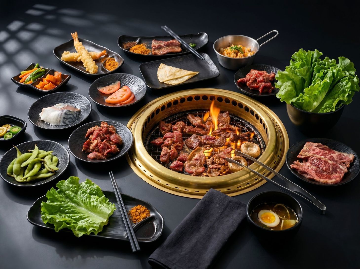 Korean barbecue spread with grilled meat, side dishes, lettuce, and dipping sauces on a dark table