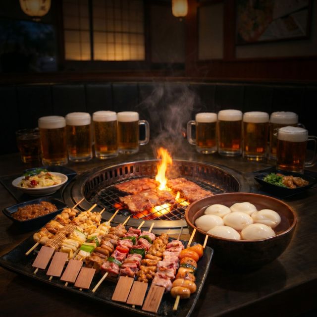 Japanese yakiniku grill table with skewers, steaks, side dishes, and beers around a glowing fire pit