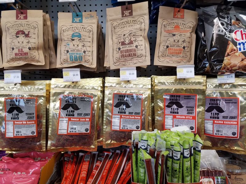 A display of beef jerky in a grocery store