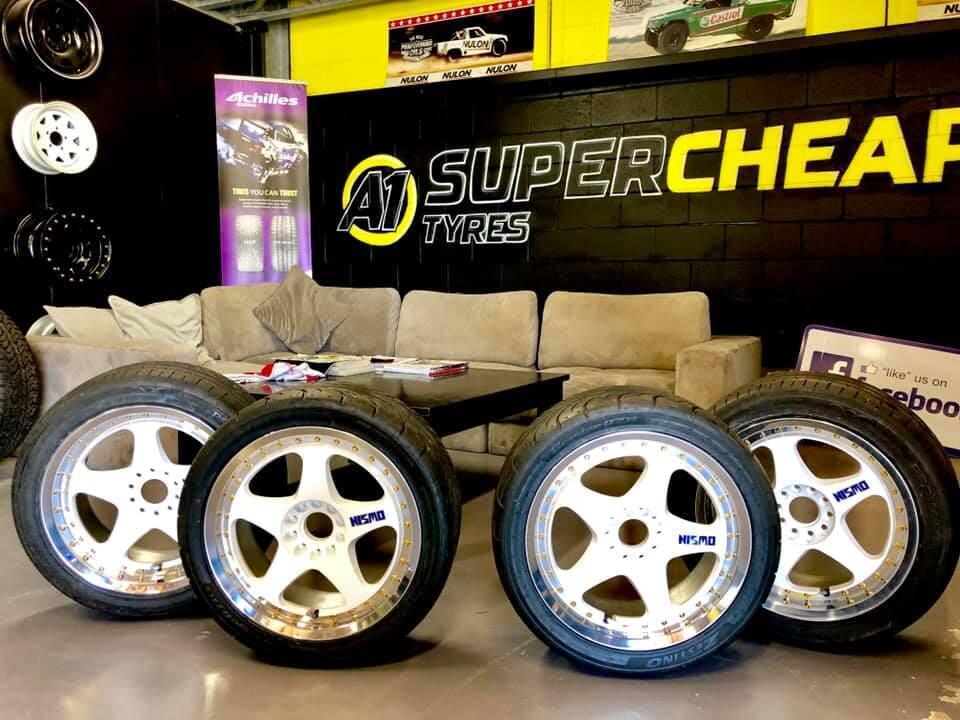 high performance tyres lined up in A1 Supercheap Tyres Gold Coast