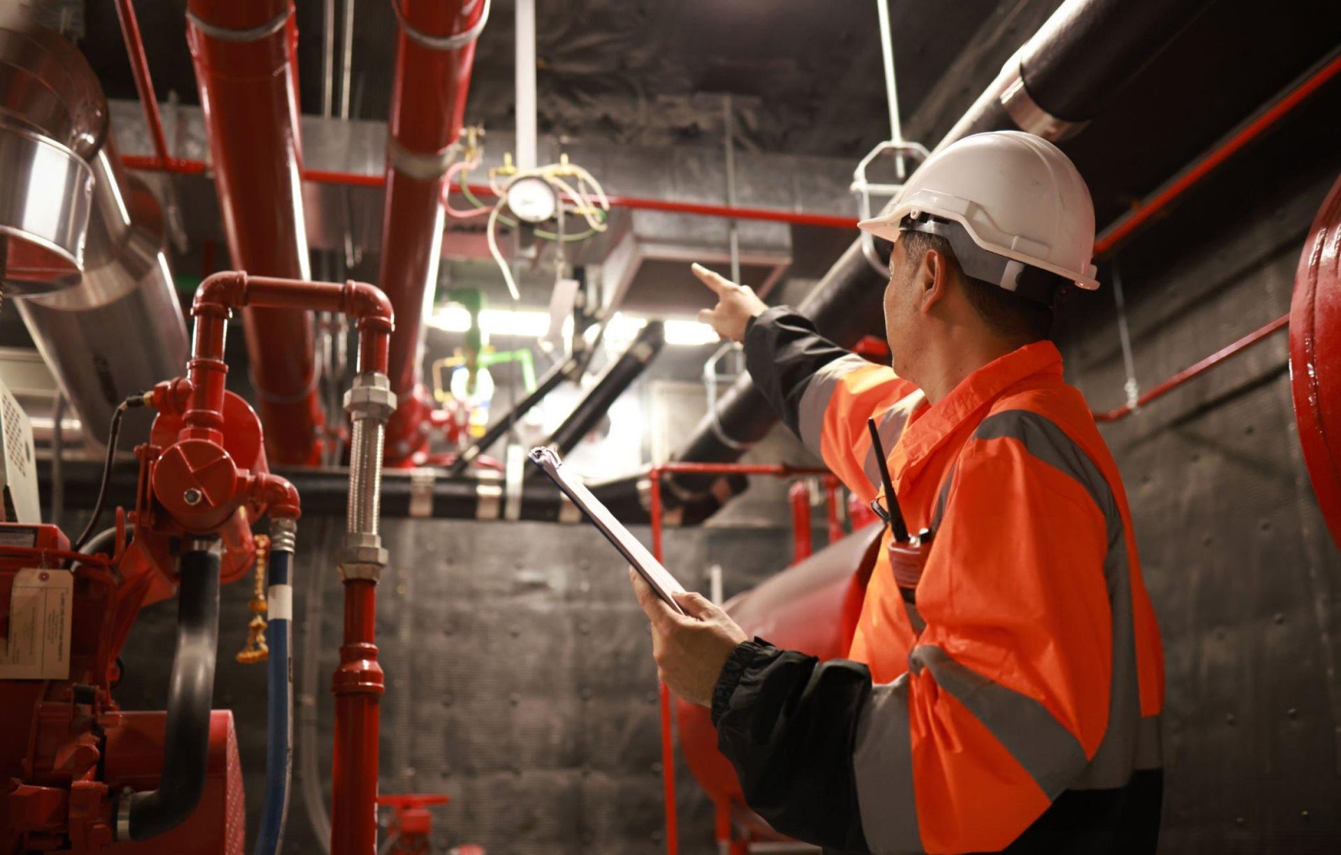 An engineer inspects the safety equipment on a fire extinguishing system.