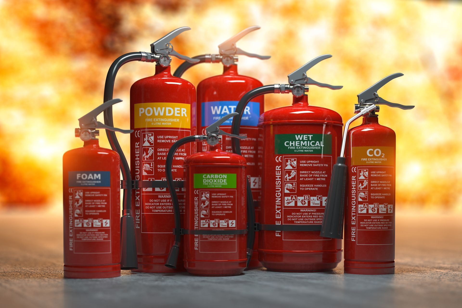 Various types and different sizes of fire extinguishers.