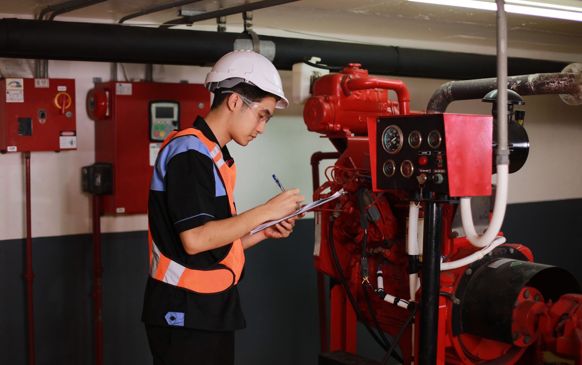 Technician checks fire suppression system in control room. 