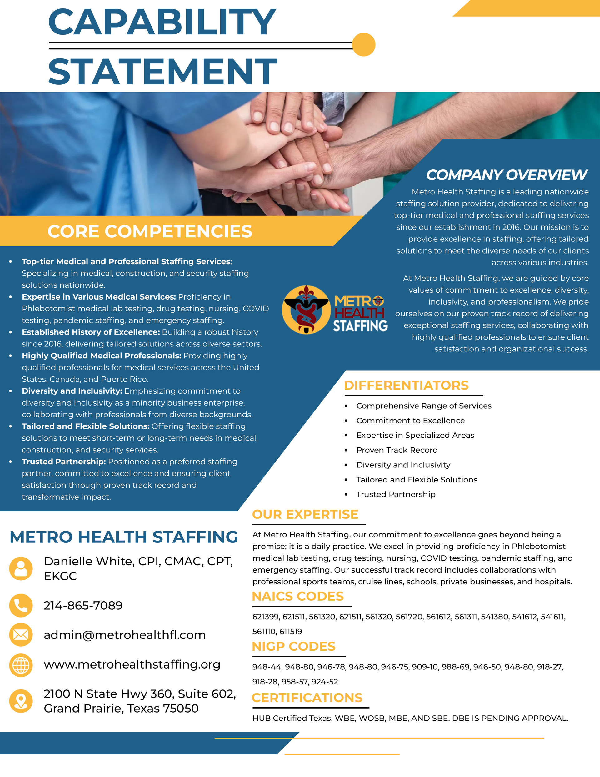 A capability statement for metro health staffing shows a group of people putting their hands together.