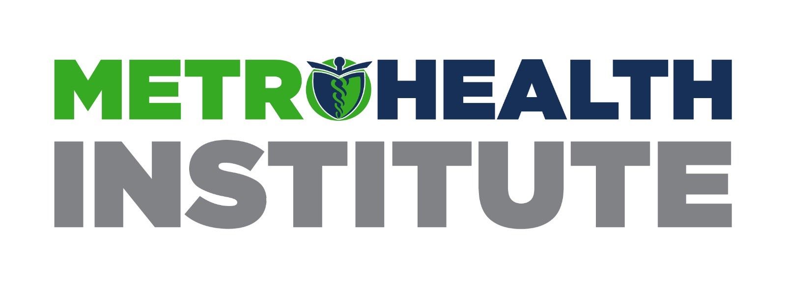 The logo for the metro health institute is green and blue.
