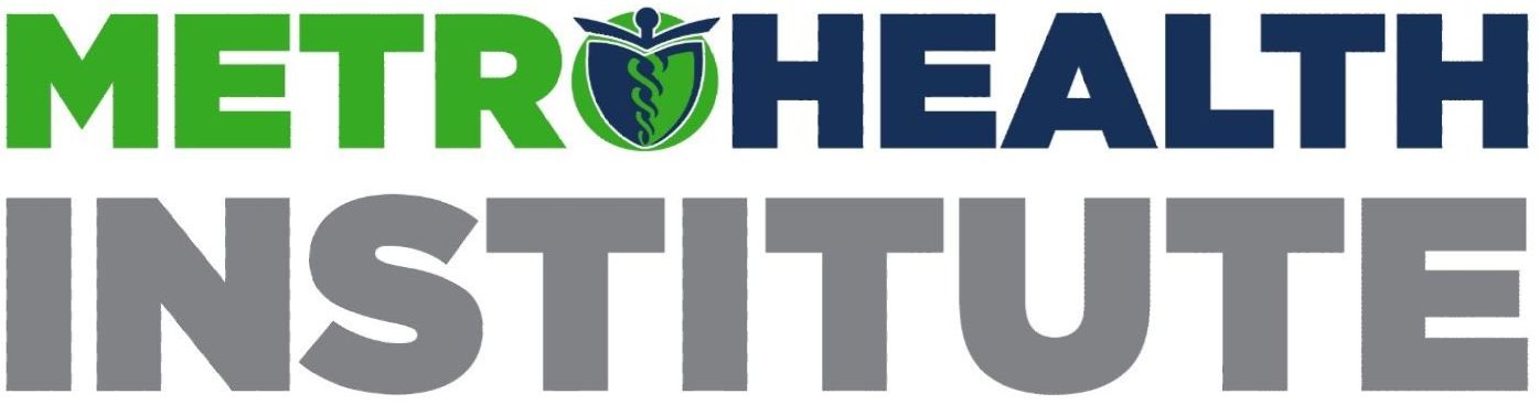 The logo for the metro health institute is green and blue