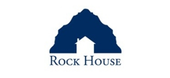 A logo for rock house with a house in the middle of a mountain