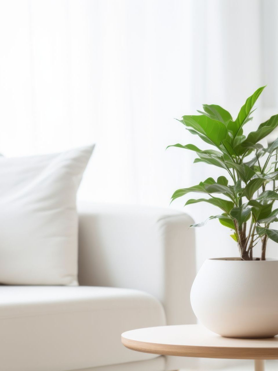 A potted plant is sitting on a table next to a white couch.