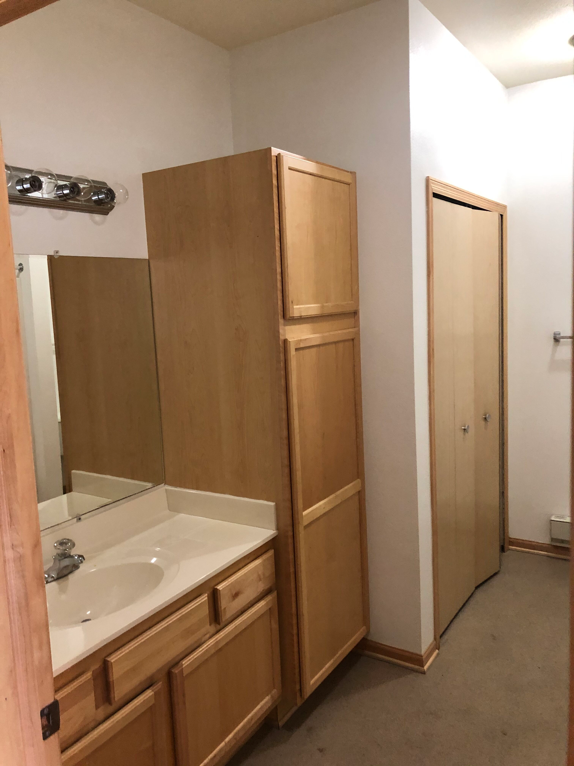 A bathroom with a sink , mirror and cabinets
