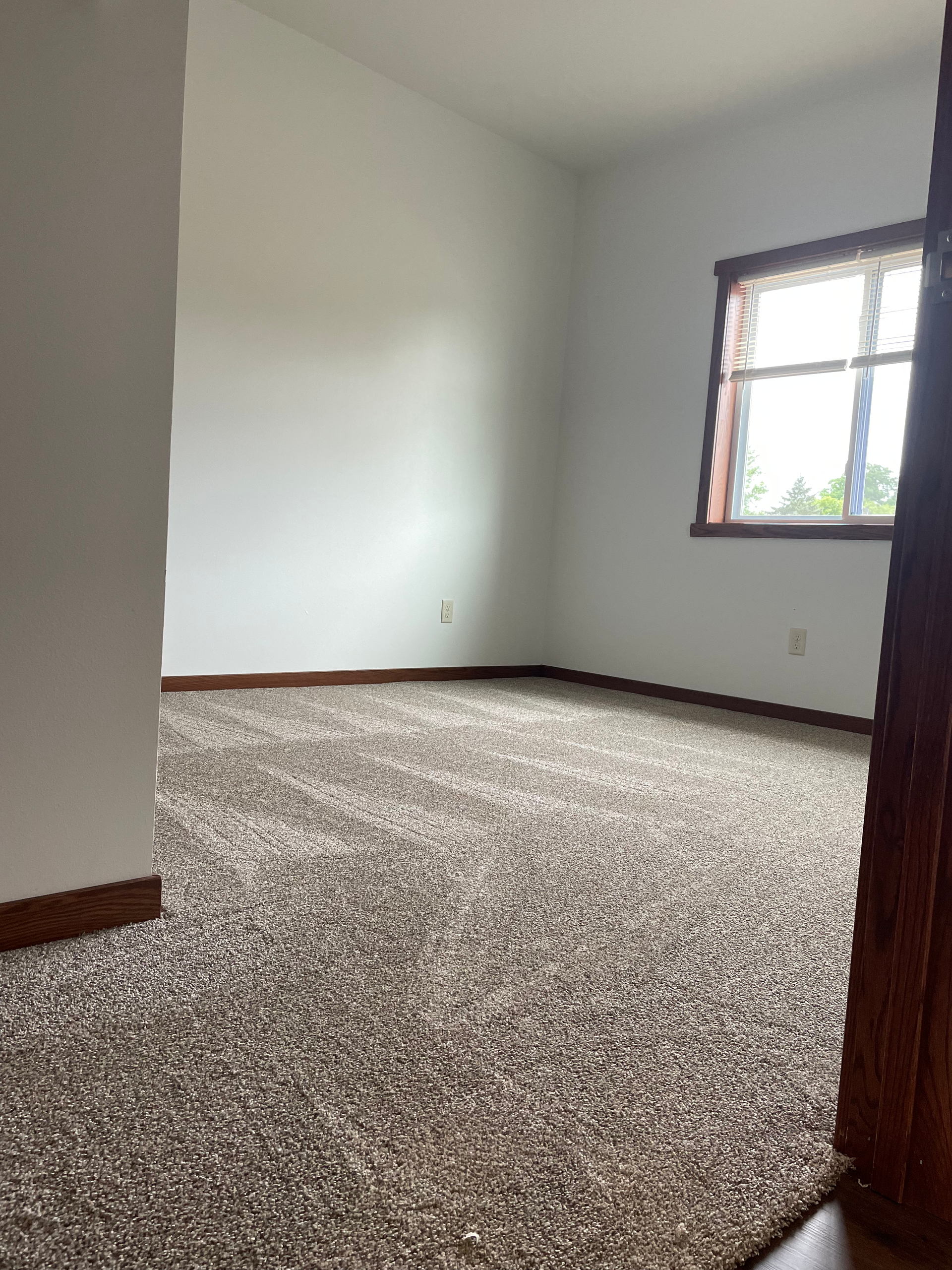 An empty room with a carpeted floor and a window.