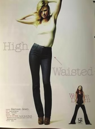 Woman in high-waisted jeans, arms raised. Second image shows jeans on a different model. Text: High Waisted, Weave Down.