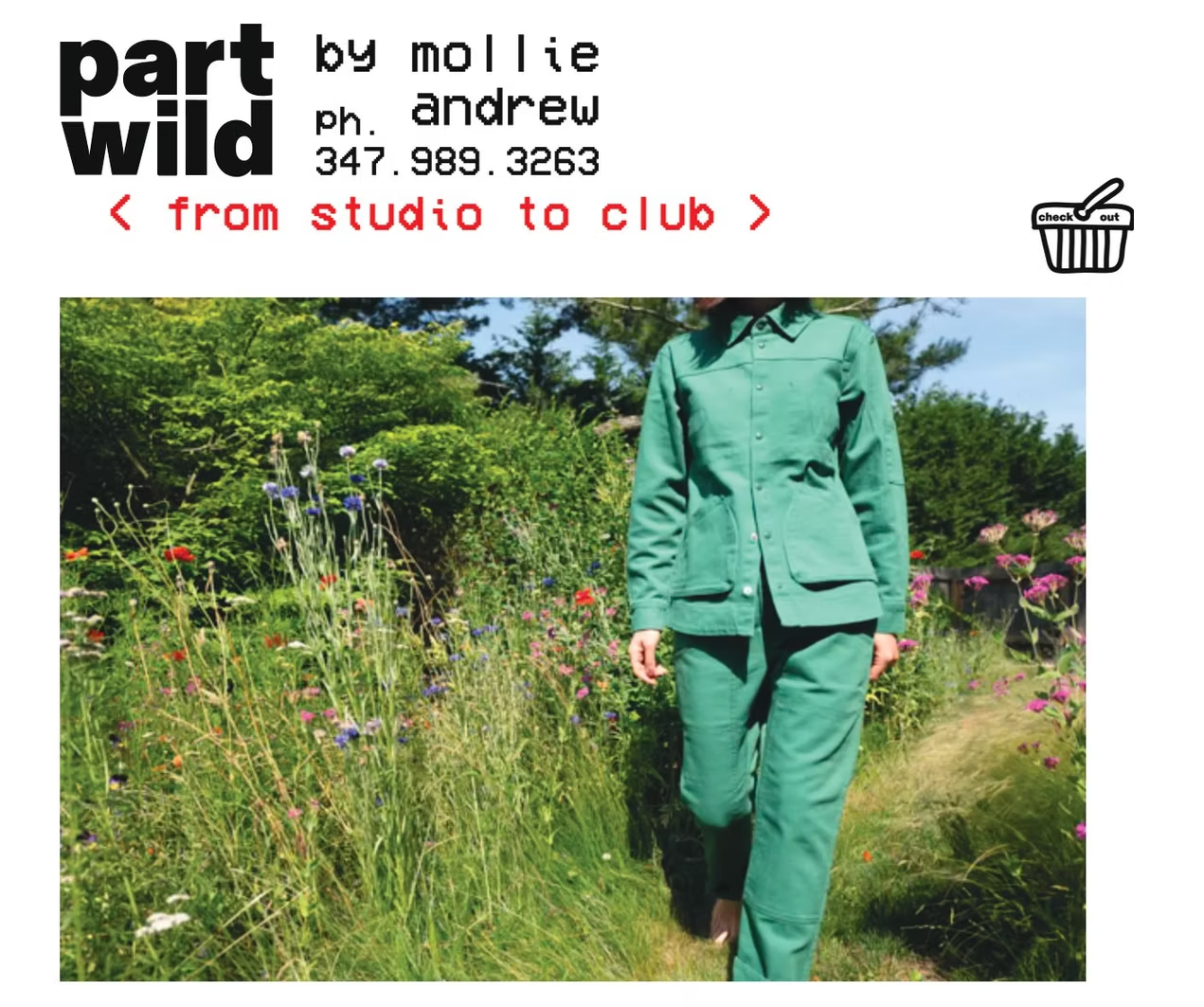 Woman in green suit walks on path. Company logo 