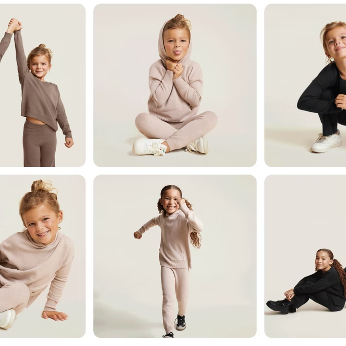 Six photos of a child in loungewear, various poses and expressions, neutral background.