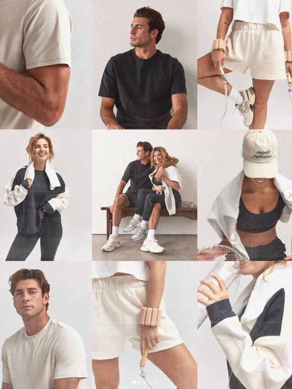 Collection of people in various athletic outfits, neutral tones, posing against white backdrop.