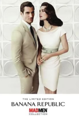 Man and woman in vintage clothing, posing against a geometric background. Banana Republic Mad Men Collection.