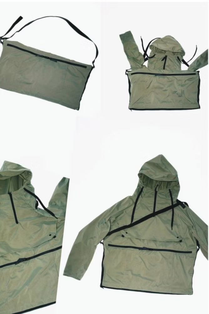 Green jacket that transforms into a shoulder bag. Features a hood, black zippers, and a black shoulder strap.