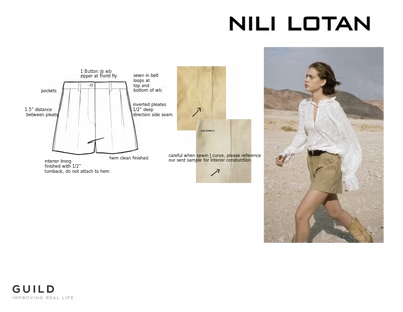Fashion design board with shorts sketch, fabric swatches, and a woman in a desert wearing the design.