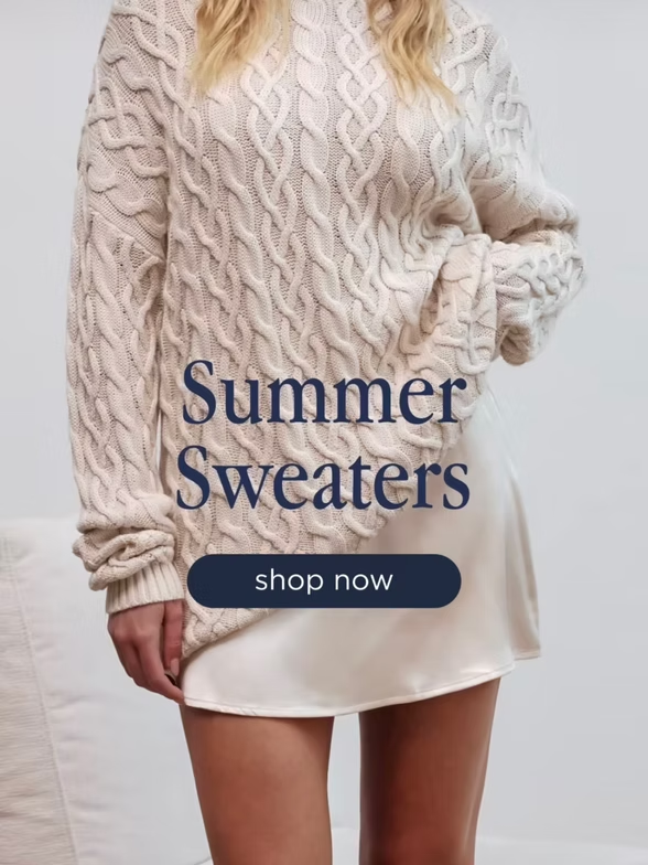 Woman in cable-knit sweater and silk skirt. Text overlay: 