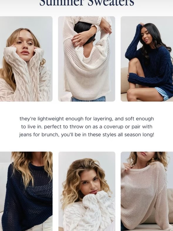 Summer sweaters: Women in various lightweight sweaters, perfect for layering.