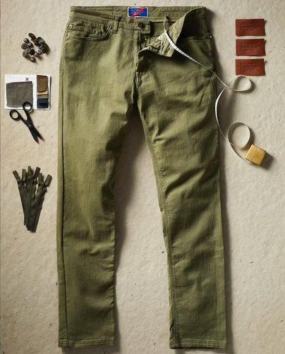 Olive green pants with sewing materials: scissors, fabric swatches, leather samples, tape measure, and gloves.